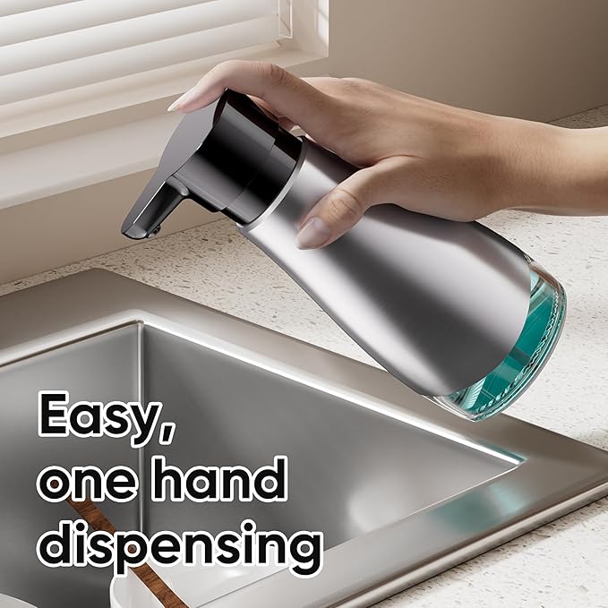 Oasis Creations 500 mL /17fl.oz Stainless Steel Liquid Soap Dispenser for Dish and Hand Soap - Two Toned Silver and Black - Refillable - Great for Kitchen Bathroom or Countertop