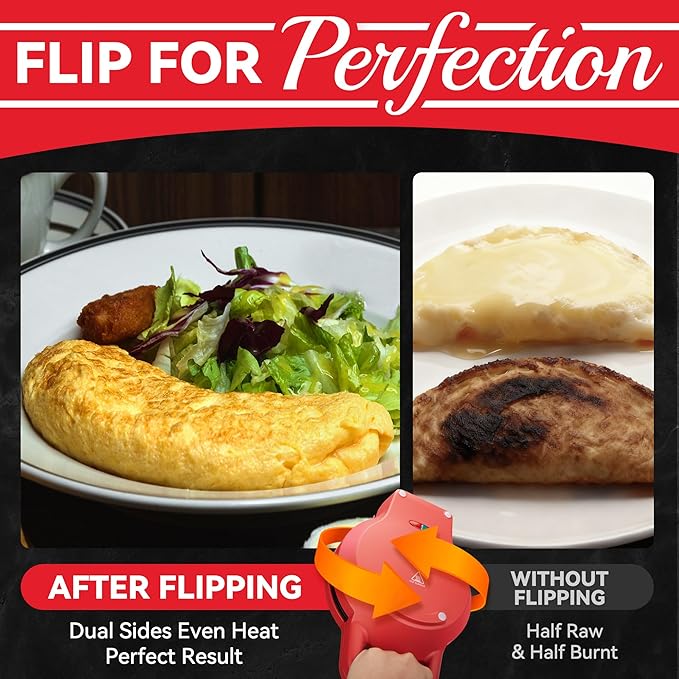 SugarWhisk Flip Omelette Maker Electric, Omelette Pan Nonstick for 2 Individual 6.5" Omelets, Cooking Gadgets for Home, Omelet Maker with Ceramic Coating, Red