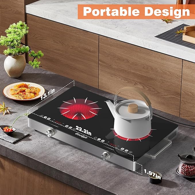 2 Burner Electric Cooktop - 24 Inch(22.2"x 13.1") Portable Electric Stove Top 110V, 2000W Countertop Two Burner Stove, Child Lock, Timer, Touch and Knob Control, 110V Plug in