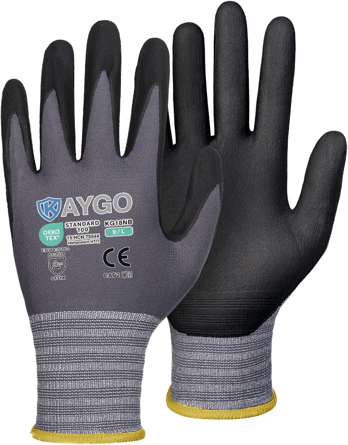 KAYGO Safety Work Gloves MicroFoam Nitrile Coated, 3 Pairs KG18NB,Seamless Knit Nylon Glove for Men and Women, Ideal for Automotive,Warehouse,Construction (Large,Gray)