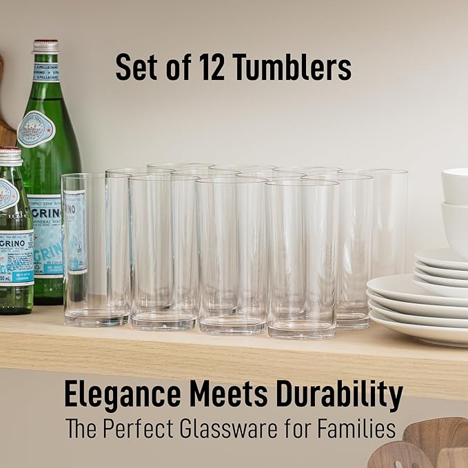 Zulay Kitchen Plastic Drinking Glasses (Set of 12) – 16oz Acrylic Shatterproof Water Cups for Home, Kitchen & Outdoors – Crystal Clear Glass Look – BPA & Lead-Free – Top-Rack Dishwasher Safe