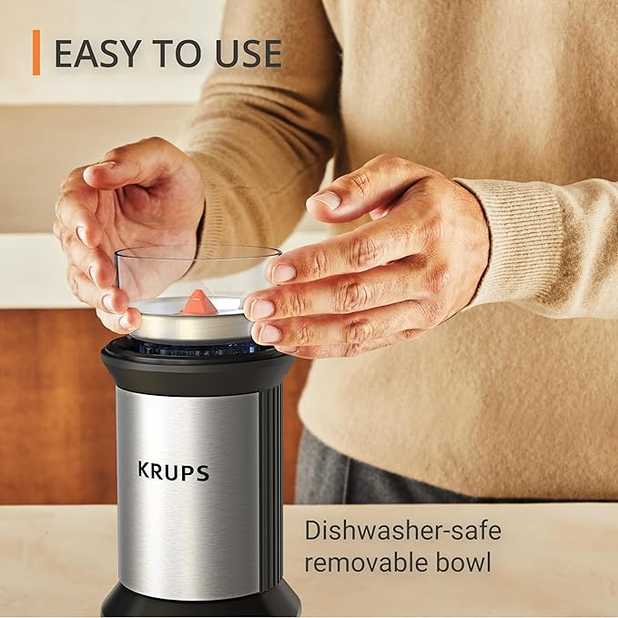 KRUPS Electric Blade Coffee Grinder 1.6 Oz, Adjustable Coarse to Fine for the Perfect Espresso, Grind Coffee Beans, Spices & Herbs, Removable Dishwasher Safe Bowl, Stainless Steel