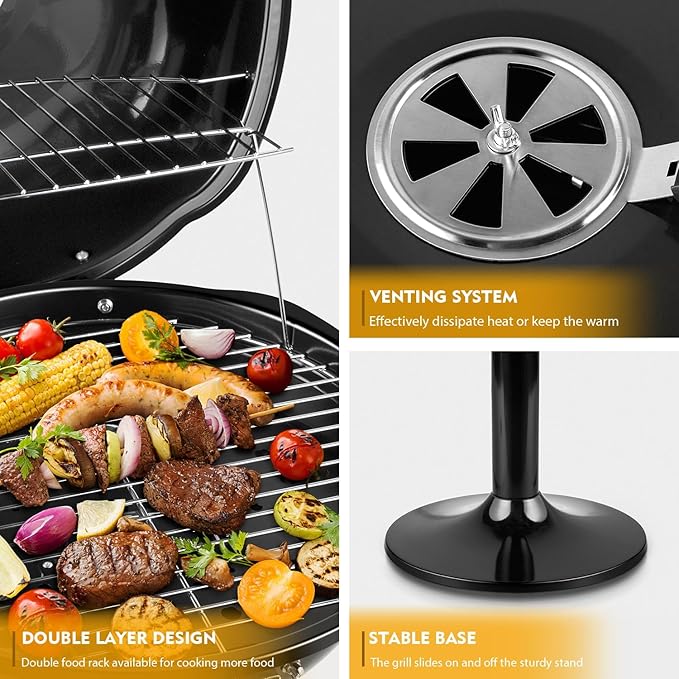 Electric Grill, Techwood Indoor/Outdoor Electric BBQ Grill, 1600W Portable Removable Stand Grill with Adjustable Heat & Drip Tray, Double Layer Design for Party, Patio & Backyard (Black)