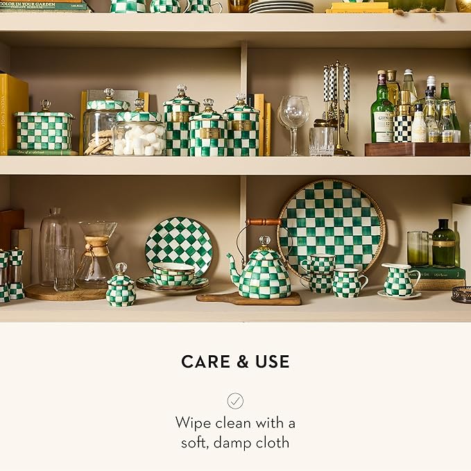 MACKENZIE-CHILDS Enamel Grinder, Refillable Manual Salt and Pepper Grinder, Green-and-White Emerald Check