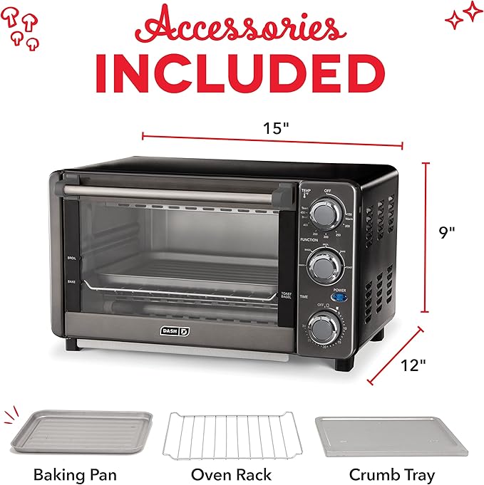 Dash Express Toaster Oven - Space-Saving Countertop Design - Versatile Use with adjustable temperature dial & Quick Heat-Up System - Dishwasher Safe Accessories - Bake, Broil & Toast - Black