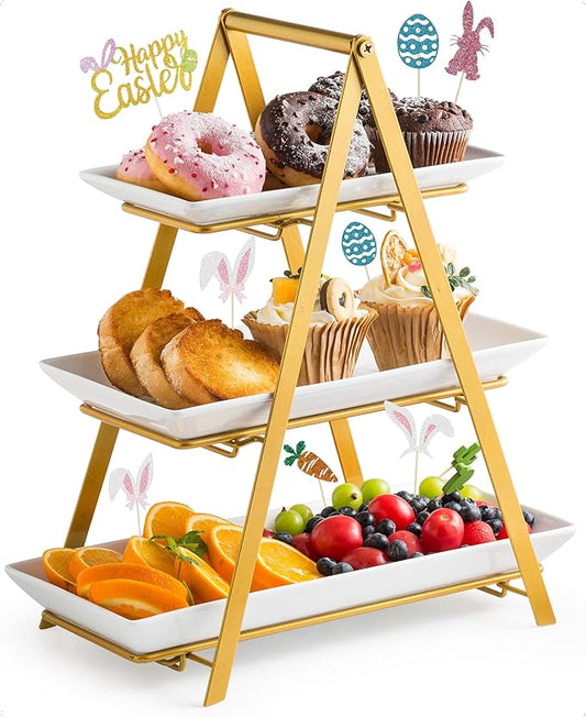 YHOSSEUN 3 Tier Serving Tray, Porcelain Tiered Tray Stand, 10+12+14 Inch Serving Platters and Trays with Collapsible Sturdier Rack, 3 Tiered Serving Stand Dessert Stands Treat Table Display Set, Gold