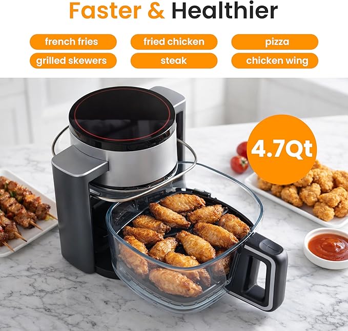HealSmart 10-in-1 Glass Air Fryer, 4.7QT Non-Toxic Healthy Air Fryer with Rapid Air Crisping Technology, Versatile Functions for Bake, Roast, Dehydrate & Reheat, Nonstick & Dishwasher Safe Design