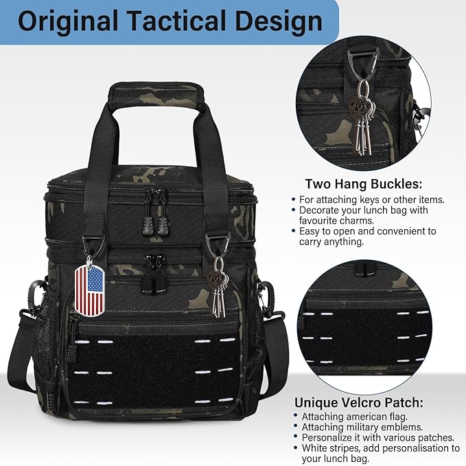 Lunch Box Cooler Bag - Insulated Tactical Lunchbox for Men - Large Lunch Pail or Adults Work Outdoor Shifts Trips Black Camo 16L
