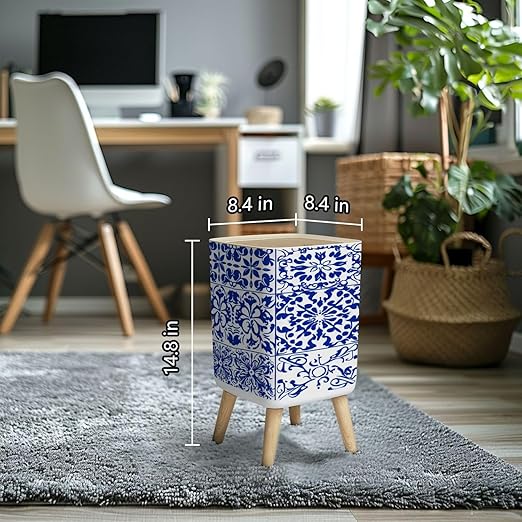 Small Trash Can with Lid Set 16 Tiles Azulejos Blue White Original Traditional Portuguese Spain Wastebasket with Press Cover Dog Proof Garbage Can Waste Bin for Kitchen Bathroom Nursery 2.6 Gallon