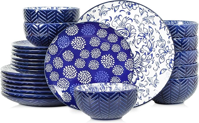 Selamica Ceramic Dinnerware Sets, 24 Pieces Dishes Set for 8, Embossed Plates and Bowls Sets for Holiday Celebrations, Dishwasher & Microwave Safe, Dark Blue