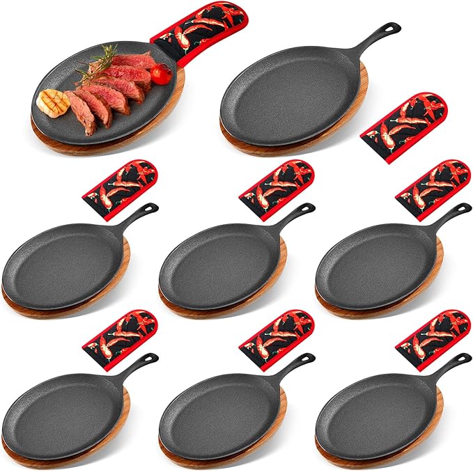 Lallisa 8 Sets Cast Iron Fajita Plate Set Fajita Plate Pan with Wooden Tray Anti Scald Protection Hot Mitt Cast Iron Skillet Set for Home Barbecue Kitchen Party Restaurant Catering Service