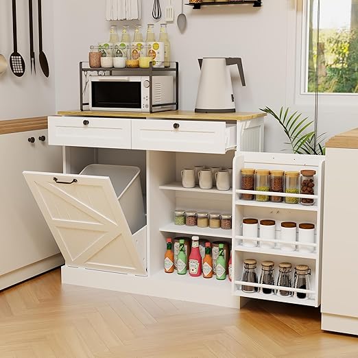 RASOO Trashcan Cabinet for Kitchens 10 Gallons Tilt Out Trash Recycling Cabinet with Hideaway Drawers, 1 Door with Storage Rack for Laundry Room, Pantry, Kitchen, White