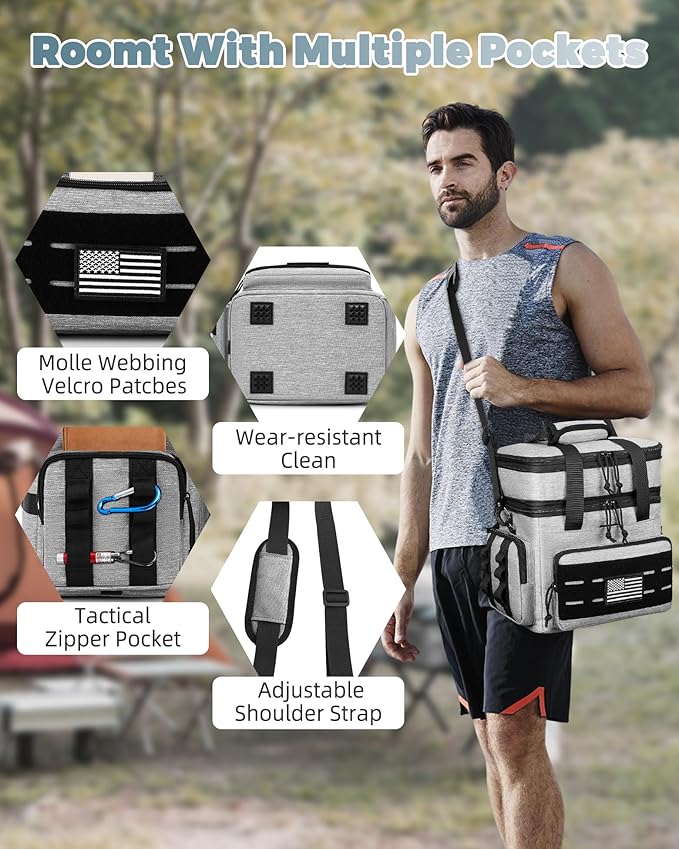 holuxer Tactical Lunch Bag & Lunch Box for Men - Large Double Deck Expandable Insulated Soft Adult Lunchbox for Work - Cooler Bag for Beach, Picnic, Camping,Outdoor，Travel (Gray,16L)