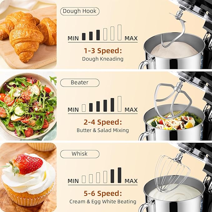 Dough Mixer 8.45 QT Electric Mixer - 660W 6 Speed Large Capacity Kitchen Stand Mixer with Whisk Dough Hook Mixing Beater Household Food Mixer for Baking Cakes Cookie Bread Salad