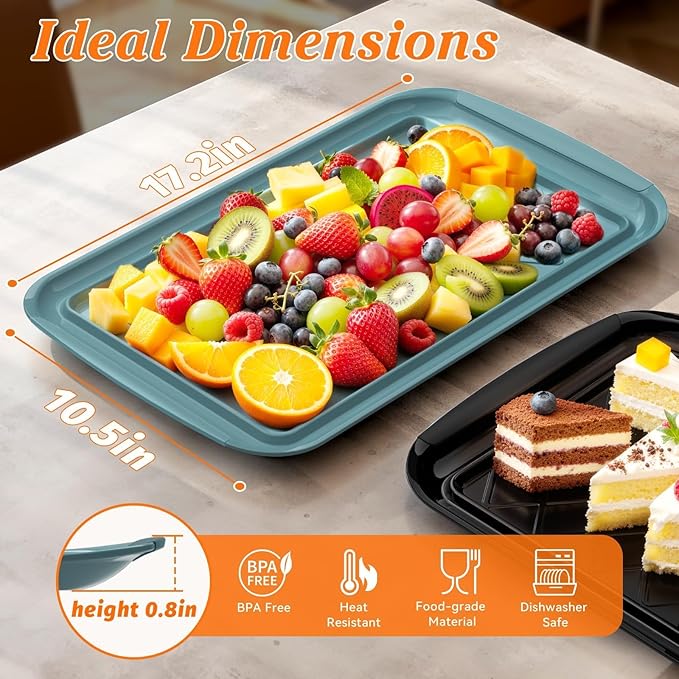 Grilling Prep & Serve Trays for Party- Set of 2, Large Serving Platters for Raw and Cooked Food, Dishwasher Safe, 17"×10.5" Stackable Plastic Party Supplies for Grilling, BBQ, Meal Prep - Green, Black