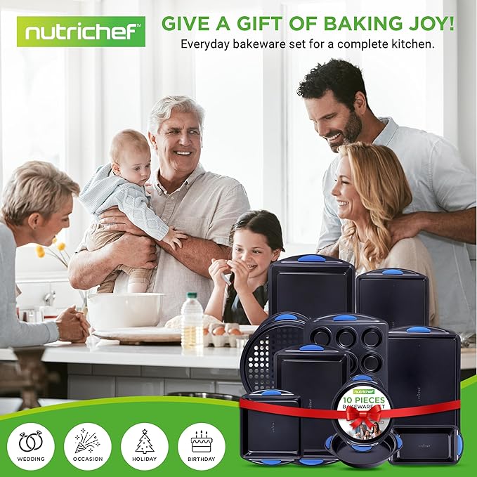 NutriChef 10-Piece Nonstick Bakeware Set - Heavy Duty Carbon Steel Baking Trays w/Silicone Handles - Includes Cookie Sheets, 12-Cup Muffin Pan, Pizza & Loaf Pan, Round & Square Pans - Easy to Clean