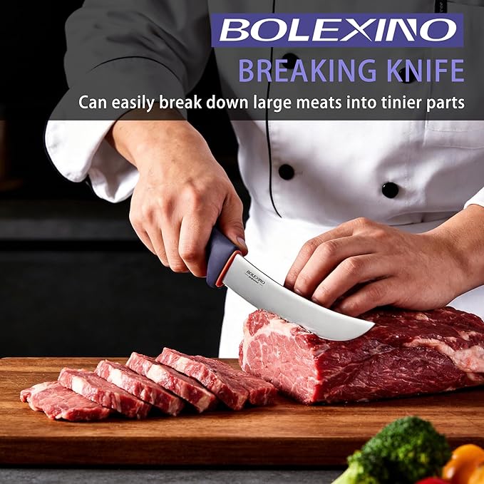 8 Inch Curved Breaking Knife for Meat Cutting - Non-Slip Softgrip Handle with Ultra Sharp Blade, Multi-Purpose Butcher Knife for Steak, Ribs, X50CrMoV15 Stainless Steel
