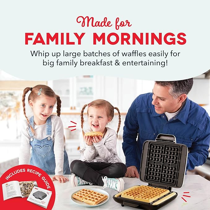 DASH No-Drip Waffle Maker - Four Waffle Molds, Nonstick Waffle Iron with Quick Heat-Up, Nonstick Surface - Perfect Waffle Maker for Kids and Families, Just Add Batter
