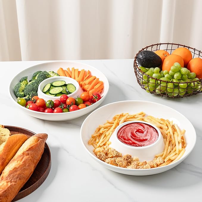 LEHAHA Ceramic Chips and Dip Serving Tray, 12 Inch Large Divided Bowls Set for Salsa, Veggies & Dip, Appetizers, Snacks, Serving Dish Platter for Parties Hosting & Entertaining. Set of 2, white