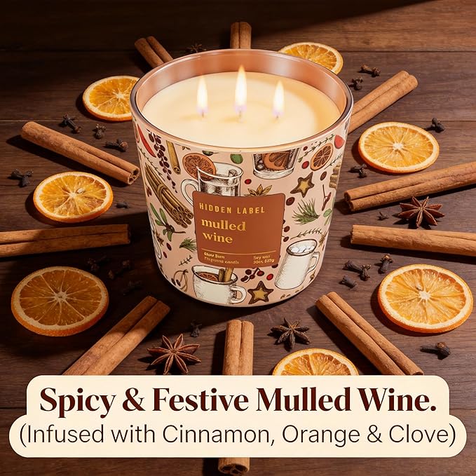 Hidden Label Mulled Wine Scented Candle for Home, 30oz Large 3 Wick Soy Candle, 100H Long Lasting, Cinnamon Orange Clove, Non-Toxic Clean Burn, Christmas Winter Gifts for Women, Holiday Gift