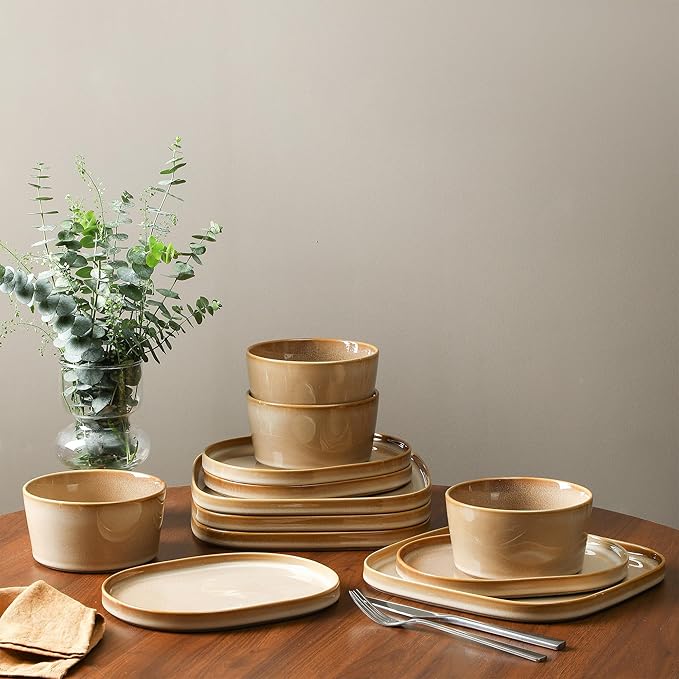 Stone Lain Cairo 24-Piece Dinnerware Set Stoneware, Plates and Bowls Set, Microwave and Dishwasher Safe, Includes Dinner and Salad Plates, Cereal Bowls, Dishes for 8, Sand
