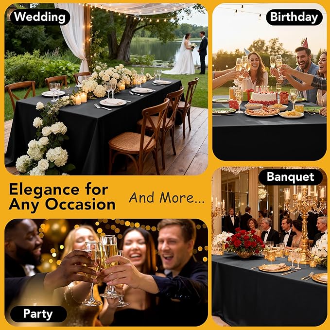 10-Pack Black Tablecloths for Rectangle Tables, 60 x 84 Inches, Stain-Resistant Polyester Fabric for 4 Foot Tables - Washable Table Covers for Weddings, Banquets, Birthday Parties, Events