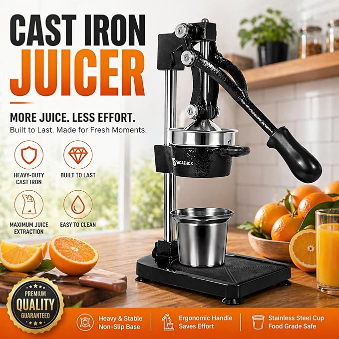 Cast Iron Juicer, Manual Citrus Press, Heavy Duty Hand Press Fruit Squeezer with Stable Base & Maximum Juice Yield for Orange Lemon Lime Pomegranate, Black