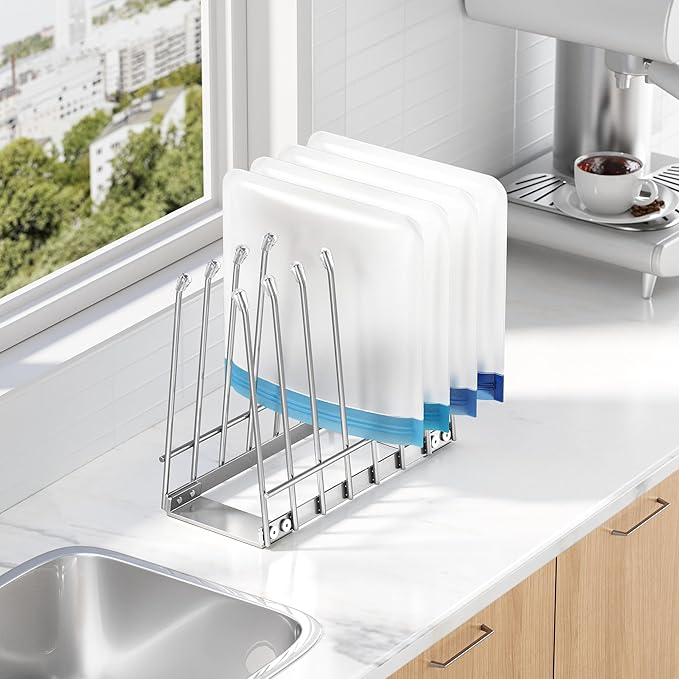Reusable Bag Drying Rack, Foldable Metal Stand for Reusable Ziplock & Silicone Storage Bags, Rustproof Kitchen Dryer, Silver