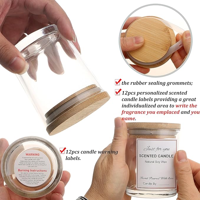 MILIVIXAY 12 Pack 12 OZ Clear Glass Candle Jars with Lids and Candle Making Kits - Bulk Empty Candle Jars for Making Candles - Spice, Powder Containers.