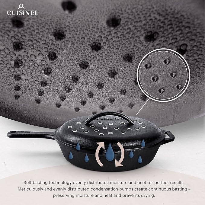 Cuisinel 12" + 10" + 8"-Inch Cast Iron Skillets Set with Braiser Lids + Silicone Handle Grips + Pan Scraper - Indoor/Outdoor Pre-Seasoned Kitchen Cookware - Oven, Fire, Stove Safe