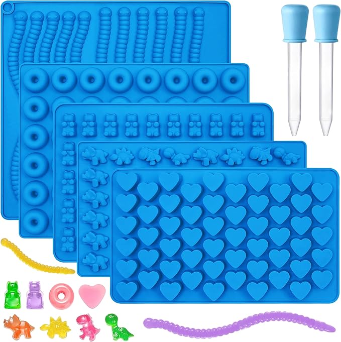 Sidosir 7Pcs Silicone Gummy Bear Molds, Non-Stick Worm Chocolate Mold for Parties, Gummy Heart for Home DIY, Silicone Dinasur Mold for Make Gummies