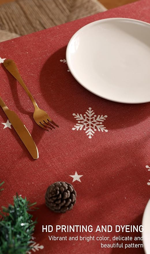 ISAENNE Designer Christmas Red Small Rectangular Tablecloth,Linen Table Cloth with Snowflakes Pattern,Wrinkle Resistant Decor Tablecloths for Dining Kitchen Thanksgiving Christmas,55"*71"-Carol C