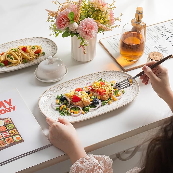 Serving Platters Set, 14"/12"/10" Oval Ceramic Serving Plates, Embossed Serving Trays for Party, Oven Dishwasher Safe, Vintage White Serving Dishes for Entertaining, Appetizers, Pasta, Sushi