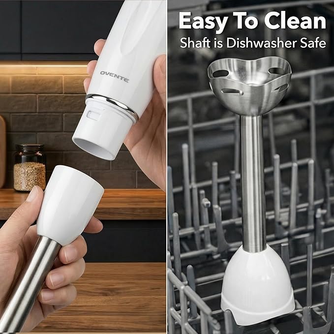 OVENTE Immersion Hand Blender, 300W Electric Handheld Stick Mixer with 2 Mixing Speeds and Stainless Steel Blades for Smoothies, Purees & Baby Food, White HS560W