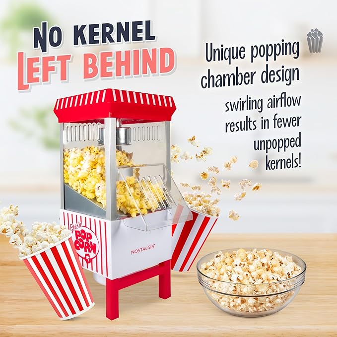 Nostalgia Vintage Hot-Air Popcorn Maker Machine - Makes Up to 12 Cups - Oil-Free - Healthier Popcorn - Classic Stand-Up Cart With Wheels - Includes Kernel Measuring Cup - White & Red