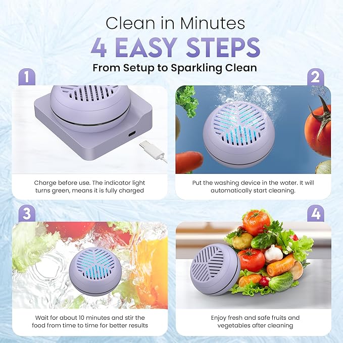 Fruit and Vegetable Washing Machine, Fruit Vegetable Cleaner Device, Portable USB Wireless Veggie Wash with Purification Technology, for Washing Fruits, Vegetables, Rice, Meat, Purple