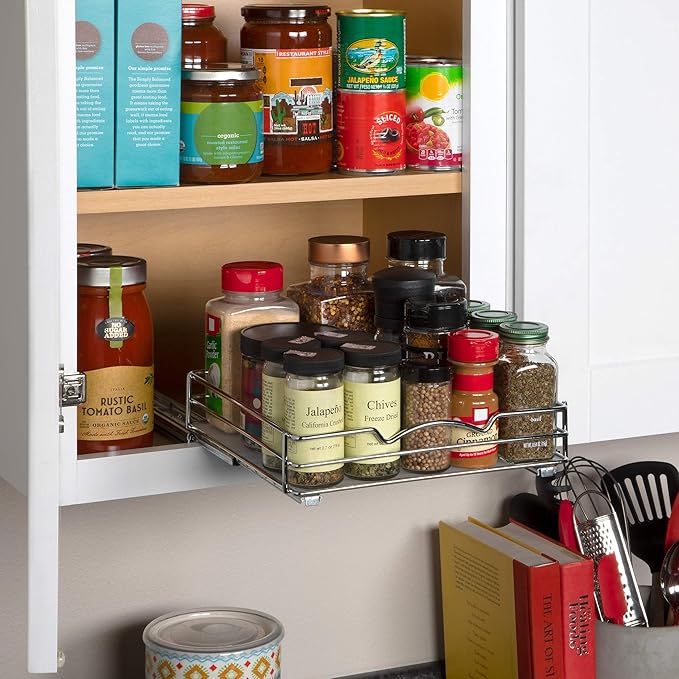 Pull-Out Cabinet Spice Rack Organizer - Slim Slide-Out Storage for Spices, Bottles & Jars, Premium Heavy-Duty Steel, Easy Install for Narrow Kitchen Cabinets - 10 ⅜ W x 10 ⅜ D x 2 ¾ H, Chrome