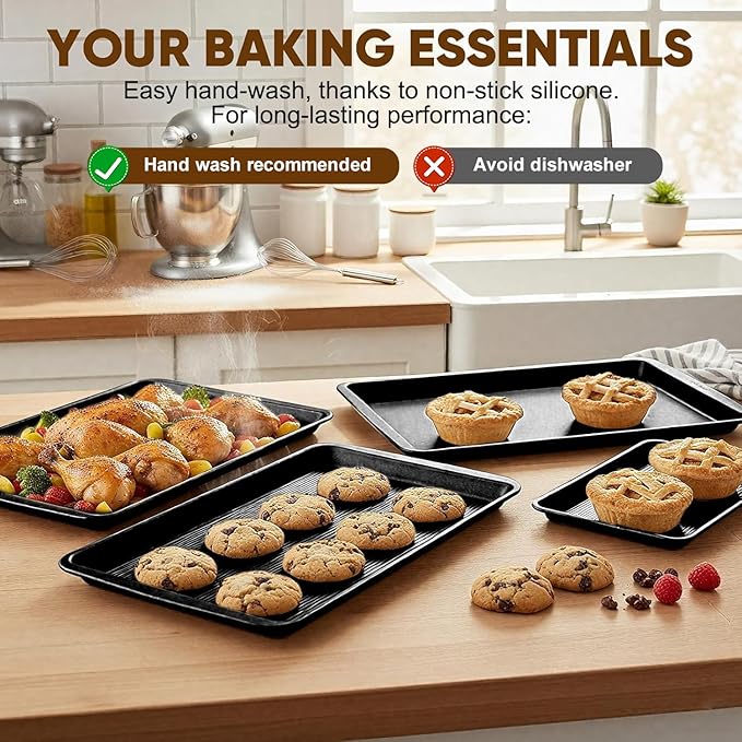Sakerplus Nonstick Baking Sheet Pan Set of 3, Heavy Duty Cookie Sheets for Oven with Stripe Texture Pattern, 0.6mm Thick Quarter/Half/Jelly Roll Pans, Rust-Resistant & Easy Clean (Black)