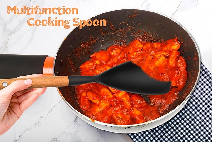 Large Silicone Kitchen Utensils Set, 6 PCS Nonstick Cooking Utensils Set with Wooden Handle, Heat Resistant and BPA Free Silicone Utensil Spatula Set for Cooking with Turner, Spoon and Ladle(Black)