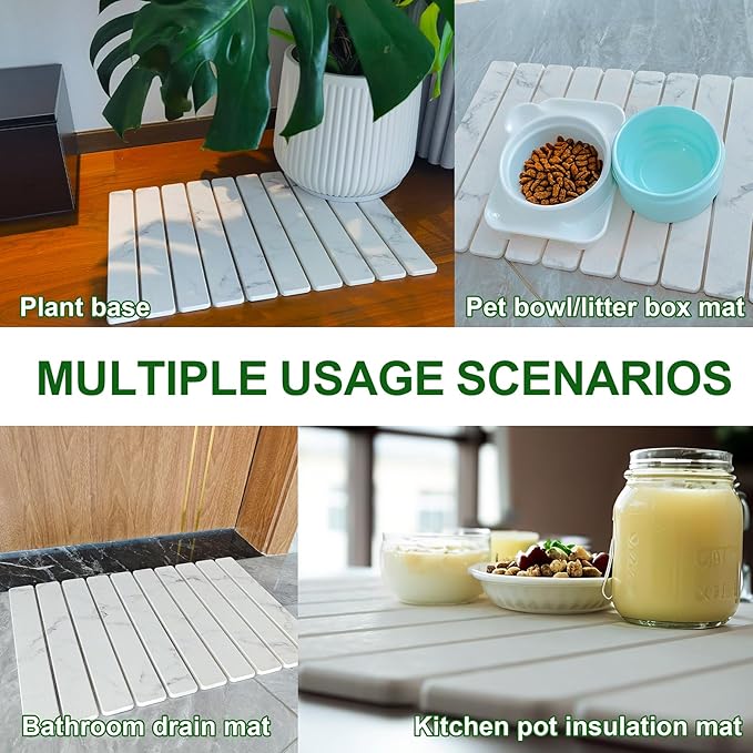 Large Stone Dish Drying Mat for Kitchen Counter, 24"×16" Quick Dry Collapsible Diatomaceous Earth Mat – Super Absorbent Foldable Drying Pad for Dishes (Marble White, 23.2" x 15.4")