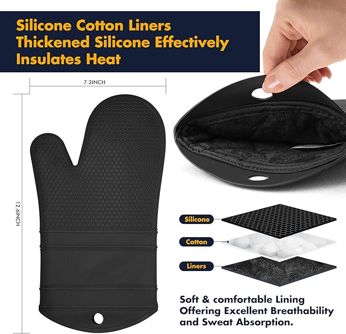 6 Pack Oven Mitts and Pot Holders Sets,Silicone Oven Mitts &Hot Pads,Long Cooking Gloves,Kitchen Trivet Mats,Kitchen Home Essentials,12.9" Mitts 7" Trivets (1*Pair Black Oven Mitts+4*Trivet)