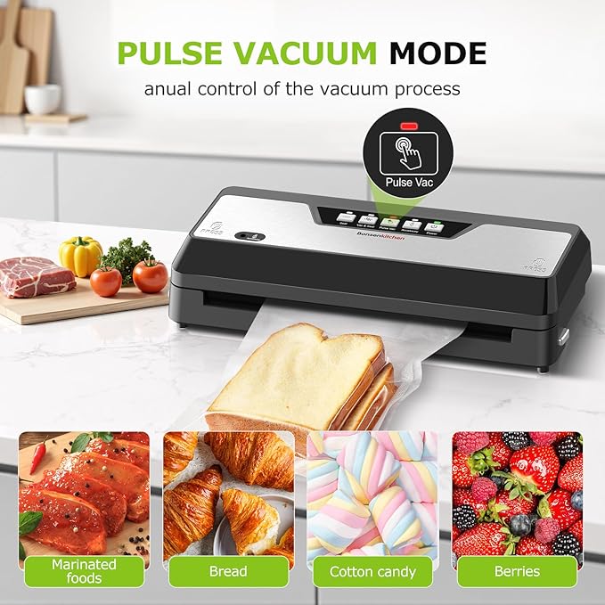 Bonsenkitchen Vacuum Sealer Machine with Built-in Cutter and Bag Storage for Sous Vide and Meal Prep | Compact Food Sealer with Multiple Modes | 1 Roll Bag & 5 Pre-Cut Bags, Black-Stainless Steel