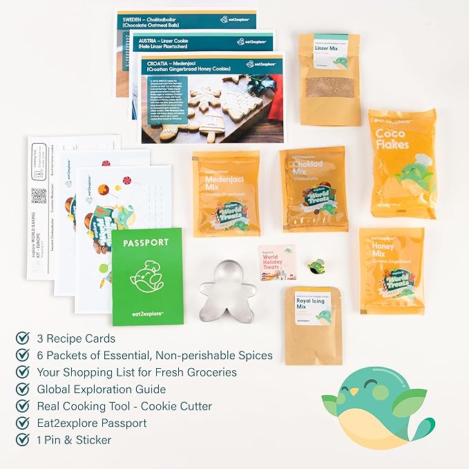 eat2explore Kids Real Dessert Baking Kit for Families | Includes 3 Recipe Cards from Sweden, Croatia and Austria with Key Ingredients, Baking Tools, Perfect for Families and Homeschooling | Europe