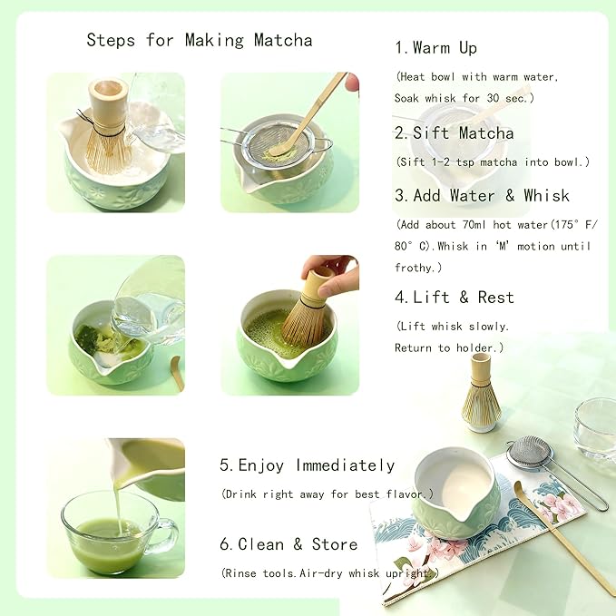 Matcha Whisk Set - Traditional Bamboo Chasen and Pale Green Ceramic Matcha Bowl with Spout, 6Pcs Complete Matcha Making Kit