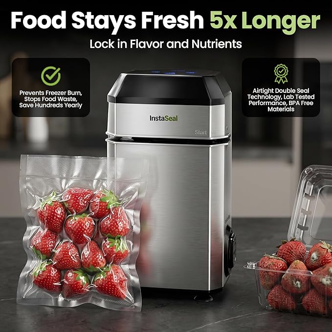 InstaSeal Vacuum Sealer for Food with 12 Bags, Preserves Foods 5x Longer, Space Saving Compact Upright Design Allows Machine to Seal Marinades, Soups, Meats for Sous Vide Cooking, Vegetables
