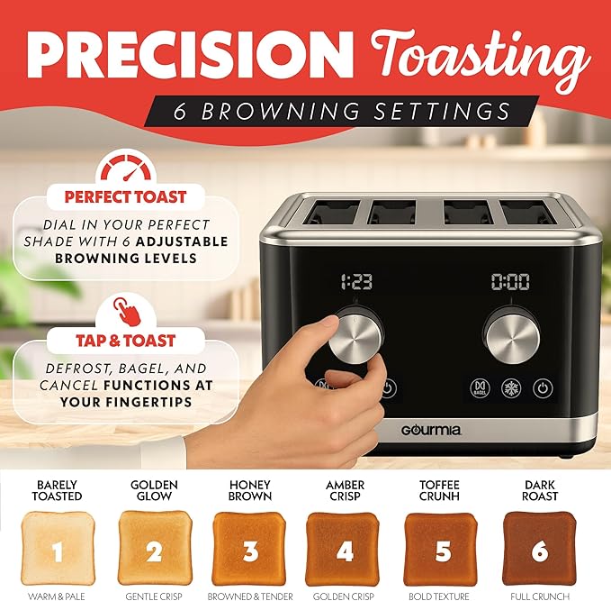 Gourmia 4 Slice Toaster, Double-Sided – Dual Independent Controls, Bagel, Defrost & Reheat Mode, 6 Browning Levels, Extra Wide Slots, Removable Crumb Tray, Compact Design, Black