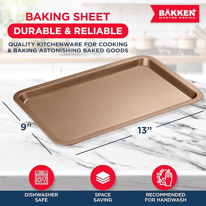 BAKKEN Kitchen Baking Pans - Nonstick Brown Coating, 13.18’’ × 8.66’’ Commercial Grade Carbon Steel Cookie Sheet, Baking Kitchen Essentials, PFOA, PFOS, PTFE Free, Oven Safe Tray (450° F), Brown