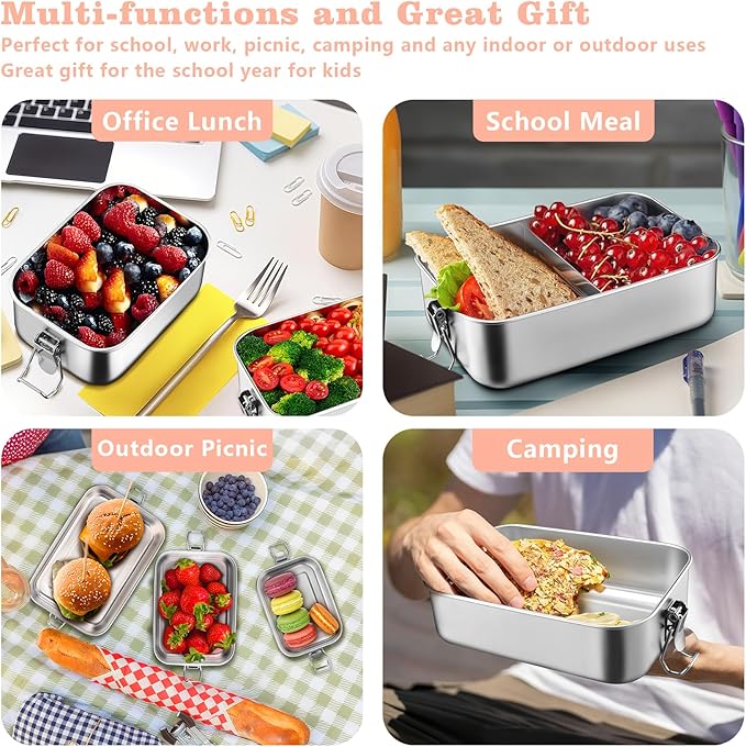 TeamFar Stainless Steel Bento Box, 4 Pack (16 * 2, 28 & 47oz) Metal Lunch Box with 3 Compartments for Adults Kids, Lunch Food Containers for School/Work/Meal Prep, Leak-Proof, 550ML*2+850ml+1400ML