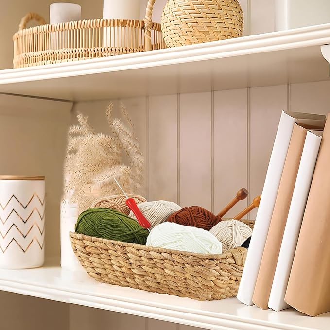 Greenatural Water Hyacinth Storage Baskets Set of 3, Handwoven Rectangular Organizer with Wooden Handles, 3 Different Sizes, Nested Wicker Baskets for Shelf, Bathroom, Kitchen, Office, Natural Decor
