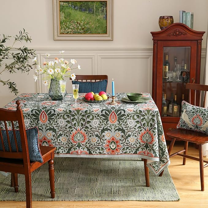 ISAENNE Designer Bohemian Linen Green Small Square Tablecloth,Floral Indoor Table Cloth,Stain Resistant Home Decor Tablecloths for Dining Thanksgiving Kitchen Party Christmas,67"*67"-Naples